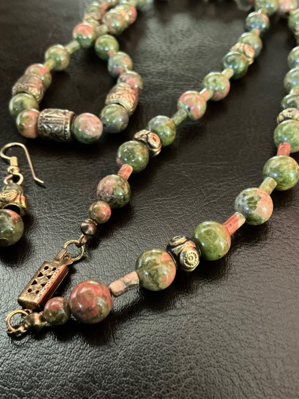 Vintage Unakite Natural Polished Bead Necklace & Earring Set Marbled Stones EUC - Picture 5 of 16
